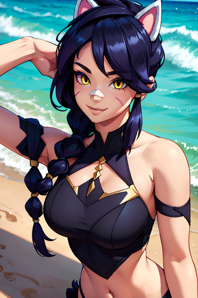 Erisa, 1girl, solo, long hair, looking at viewer, black hair, bandaid on face, yellow eyes, animal ears, smile, bandaid on nose, braid, cat ears, bandaid, bangs, breasts, fake animal ears, simple background, fang, bare shoulders, scar, bare shoulders, closed mouth, hair over one eye, portrait, hair over shoulder, legs, seductive, bathing suit, 2 piece swimsuit, beach, realistic, highly detailed face, detailed eyes, best quality, masterpiece, ultra detail, ultra high res, extreme detail, 8k, uhd, voluptuous