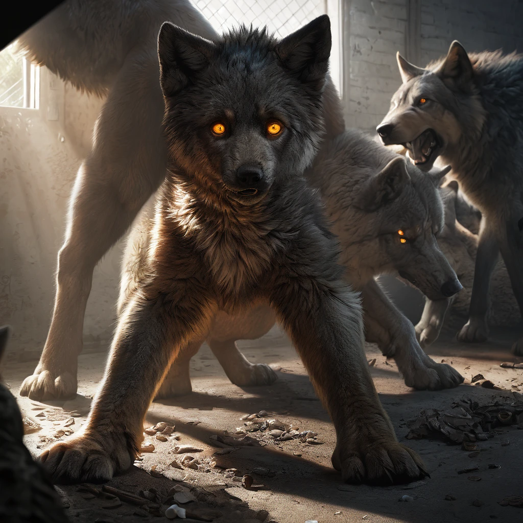 a young cute twink boy, extremely detailed face and body, big innocent eyes, beautiful detailed lips, extremely detailed skin, perfectly smooth skin, adorable, , fragile, vulnerable, helpless, terrified expression, surrounded by a group of large, muscular, ferocious wolves, extremely detailed fur, sharp fangs, glowing eyes, aggressive poses, dynamic action, intense, gritty, visceral, cinematic lighting, dramatic shadows, dark, moody, grungy, gritty, realistic, photo-realistic, 8K, best quality, hyperdetailed, masterpiece