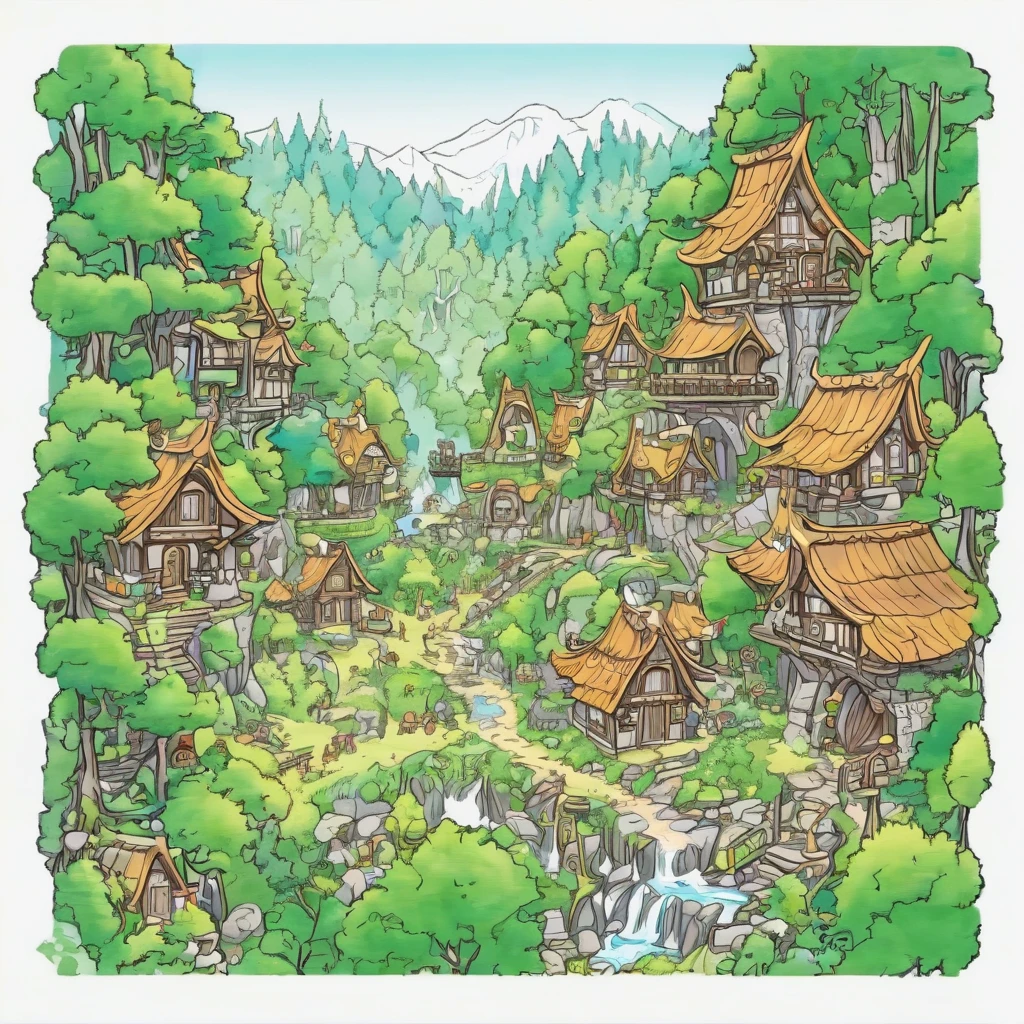 An elven village deep in the forest、Elves、Marker Outline、CARTOON、character、