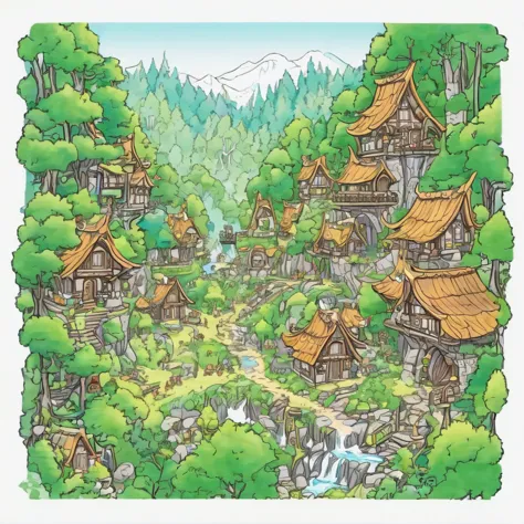 An elven village deep in the forest、Elves、Marker Outline、CARTOON、character、