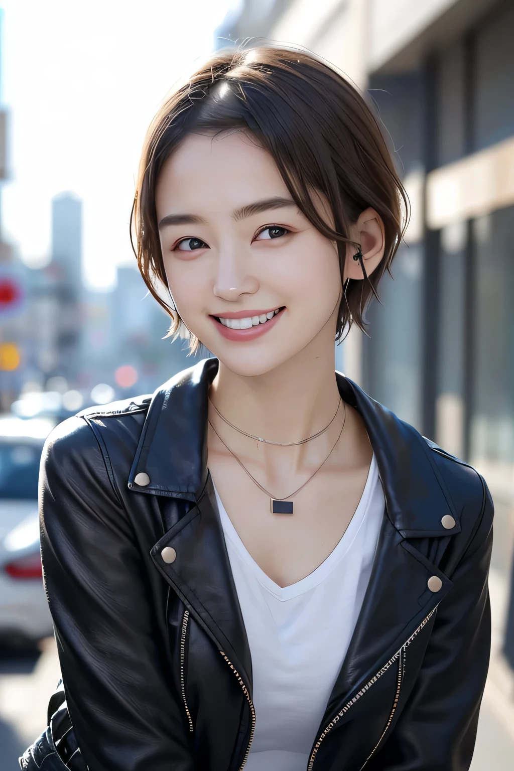 205 ((short hair)), 20-year-old female, In underwear、Leather jacket with sleeves unworn、Wear a jacket over your shoulders、smile、Beautiful teeth alignment、、Black Hair、ear piercing、Necklace around the neck、Looking into the camera, The background is the city