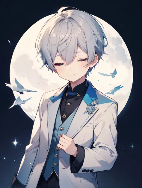 1 boy、highest quality, Tabletop, Beautiful Face、suit、Gray Hair、short hair、whole body、smile、(close your eyes) smile、Moon Backgrou...