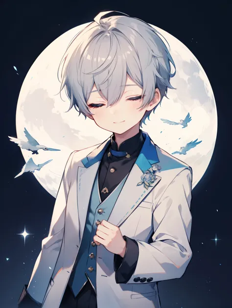 1 boy、highest quality, tabletop, beautiful face、suit、gray hair、short hair、whole body、smile、(close your eyes) smile、moon backgrou...