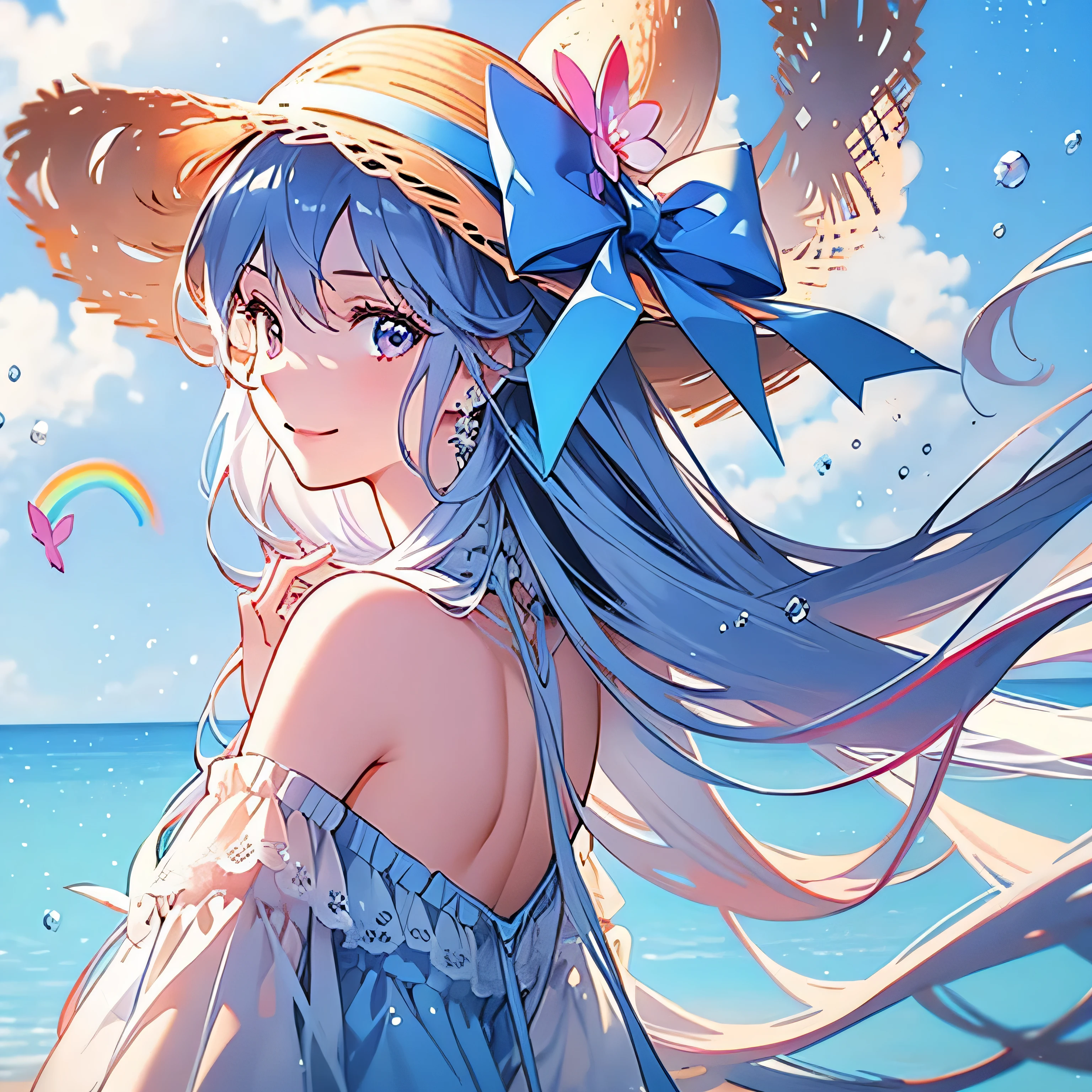 illustration, Woman in straw hat,White Dress,Looking back, rainbow hair color, Looking up at the sky,breasts are small,The skeleton is also small,huge smile, white background 
