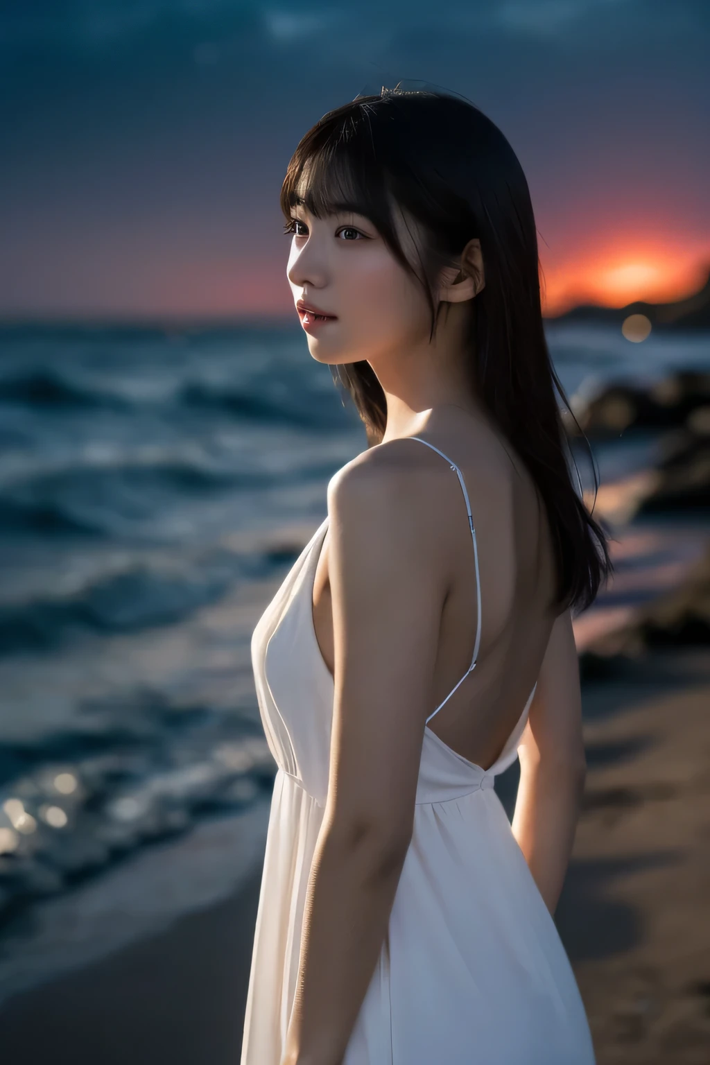 1 girl, (Wear a clean white summer dress:1.2), Very beautiful Japanese idol portraits, (Silhouette of the whole body),
(RAW Photos, highest quality), (Realistic, Realistic:1.4), (masterpiece), 
Very delicate and beautiful, Very detailed, 2k wallpaper, wonderful, finely, Very detailed CG Unity 8K wallpaper, Very detailed, High resolution, Soft Light, 
Silhouette girl, Cinema Lighting, 
(Fashion magazine photography:1.3), (The sea at dusk), (The beach illuminated by the lingering light of the sun), (Wavering on the sea surface), (Dark crimson background:1.4), (Dark screen),
(Semi-long hair), (女の子のSilhouette of the whole body:1.5),
Complete Anatomy, Slender body, Small breasts