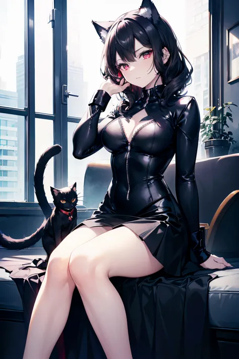 (catwoman),, cat ears, black hair, 的skirt， beautiful red eyes, cat&#39;s tail, ((crimson eyes: 1.3, eyes turned upward: 1, perfe...