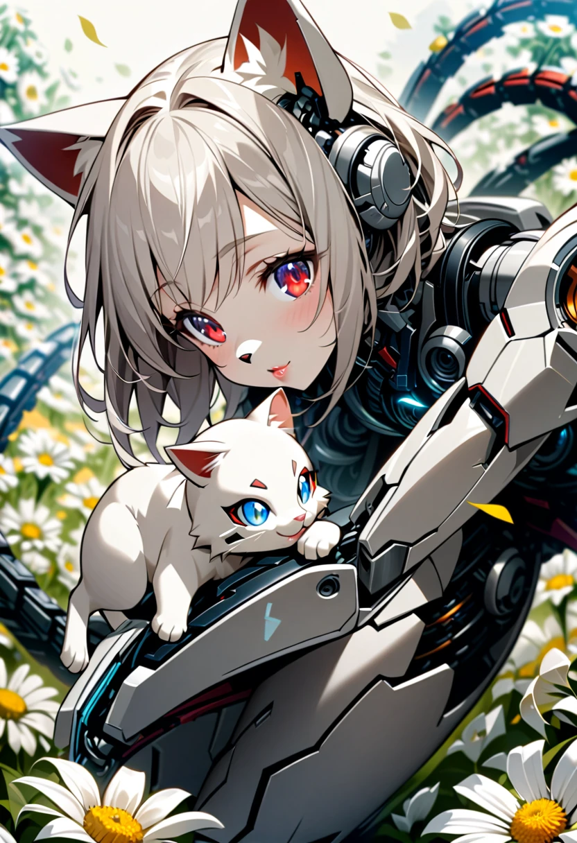 A girl with a cyborg style from head to toe,Short white hair with furry ears, a mechanical tail grows,All white with red eyes and lips、You can see the mechanism from the body, flower field background,playing with a white cat