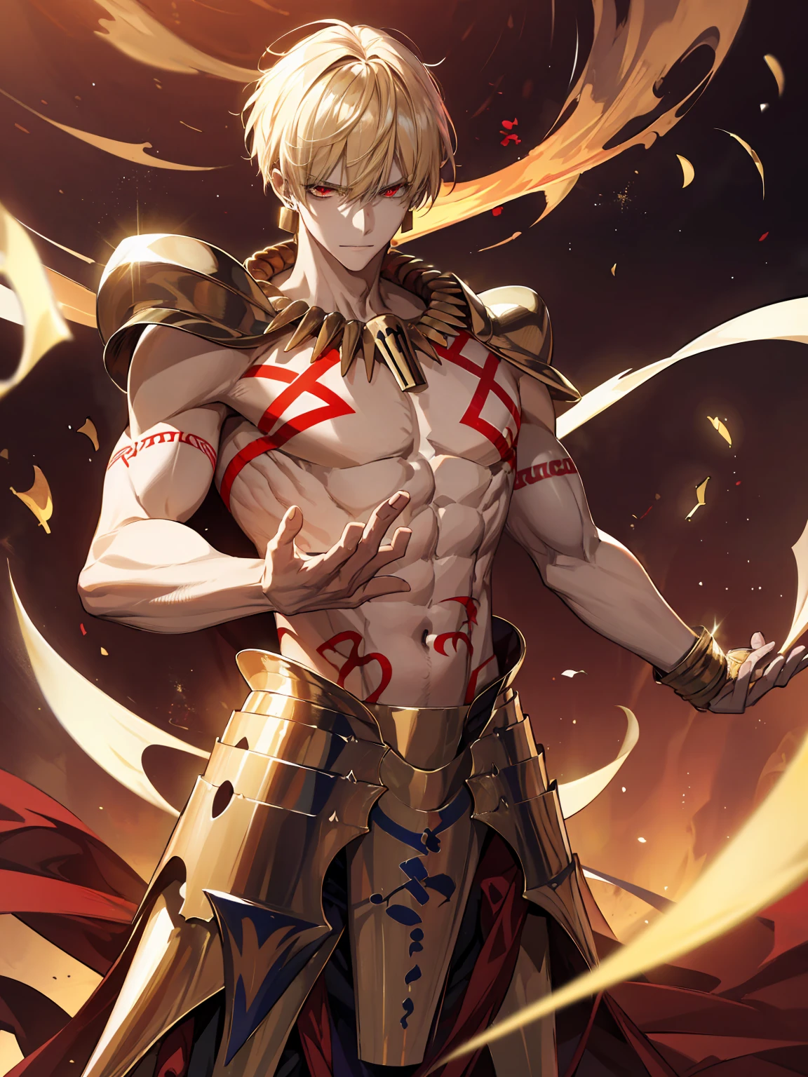 absurdres, highres, ultra detailed, HDR) master piece, best quality, Gilgamesh, blonde hair, expressive red eyes, solo, man, handsome, toned chest, topless, red tattoo, golden earrings, jewelry, golden armor, gate of babylon