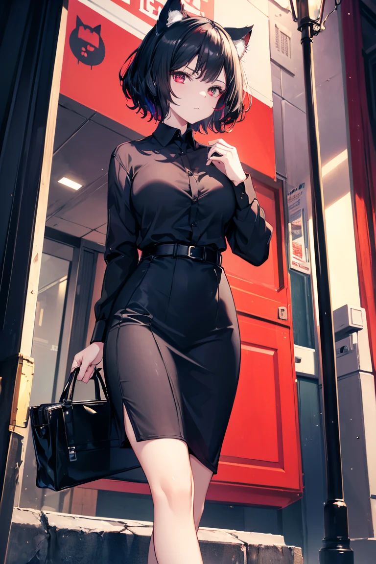 (Catwoman),, Cat ears, Black Hair, Business casual attire, Cool, Red Dress Shirt, beautiful red eyes, Cat&#39;s Tail, ((Crimson eyes: 1.3, Eyes turned upward: 1, Perfect eyes, Beautiful and delicate eyes, gradient eyes: 1, Delicate and beautiful eyes: 1, Symmetrical eyes: 1, There is a big bright spot on the eye: 1.2)), (((skin shiny: 1.5, Bright skin: 1.5, skin expo, shiny skin, Very shiny skin, Shiny body, Plastic Glitter Leather, Exaggerated shiny skin, Skin glow))), (Detailed body, (Delicate face)), (((skirt))), high resolution, Clear focus, Super detailed, Very detailed, Very high quality artwork, (Practical, Reality: 1.37), 8K_wallpaper, (Very detailed CG 8K), (Very exquisite 8K CG), ((Hyper Super Super detailed Perfect Piece)), (((Perfect masterpiece))), illustration, Vibrant colors, (Wheels within wheels), High contrast, Selective lighting, double exposure, HDR (High Dynamic Range), Post-Processing, Background blur，Large Breasts，Sexy，full-body shot，front，For the audience，in the garden，Place your hands vertically at your sides，