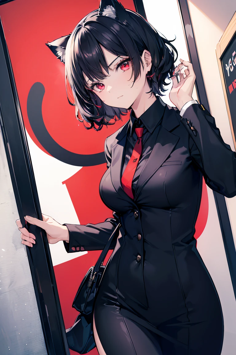 (Catwoman),, Cat ears, Black Hair, Business casual attire, Cool, Red Dress Shirt, beautiful red eyes, Cat&#39;s Tail, ((Crimson eyes: 1.3, Eyes turned upward: 1, Perfect eyes, Beautiful and delicate eyes, gradient eyes: 1, Delicate and beautiful eyes: 1, Symmetrical eyes: 1, There is a big bright spot on the eye: 1.2)), (((skin shiny: 1.5, Bright skin: 1.5, skin expo, shiny skin, Very shiny skin, Shiny body, Plastic Glitter Leather, Exaggerated shiny skin, Skin glow))), (Detailed body, (Delicate face)), (((skirt))), high resolution, Clear focus, Super detailed, Very detailed, Very high quality artwork, (Practical, Reality: 1.37), 8K_wallpaper, (Very detailed CG 8K), (Very exquisite 8K CG), ((Hyper Super Super detailed Perfect Piece)), (((Perfect masterpiece))), illustration, Vibrant colors, (Wheels within wheels), High contrast, Selective lighting, double exposure, HDR (High Dynamic Range), Post-Processing, Background blur，Large Breasts，Sexy，full-body shot，front，For the audience，in the garden，Place your hands vertically at your sides，Shy expression