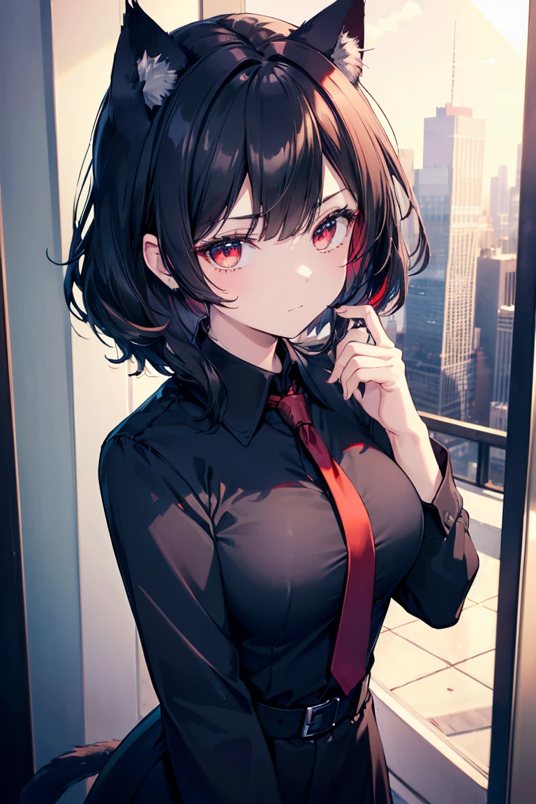 (Catwoman),, Cat ears, Black Hair, Business casual attire, Cool, Red Dress Shirt, beautiful red eyes, Cat&#39;s Tail, ((Crimson eyes: 1.3, Eyes turned upward: 1, Perfect eyes, Beautiful and delicate eyes, gradient eyes: 1, Delicate and beautiful eyes: 1, Symmetrical eyes: 1, There is a big bright spot on the eye: 1.2)), (((skin shiny: 1.5, Bright skin: 1.5, skin expo, shiny skin, Very shiny skin, Shiny body, Plastic Glitter Leather, Exaggerated shiny skin, Skin glow))), (Detailed body, (Delicate face)), (((skirt))), high resolution, Clear focus, Super detailed, Very detailed, Very high quality artwork, (Practical, Reality: 1.37), 8K_wallpaper, (Very detailed CG 8K), (Very exquisite 8K CG), ((Hyper Super Super detailed Perfect Piece)), (((Perfect masterpiece))), illustration, Vibrant colors, (Wheels within wheels), High contrast, Selective lighting, double exposure, HDR (High Dynamic Range), Post-Processing, Background blur，Large Breasts，Sexy，full-body shot，front，For the audience，in the garden，Place your hands vertically at your sides，Shy expression