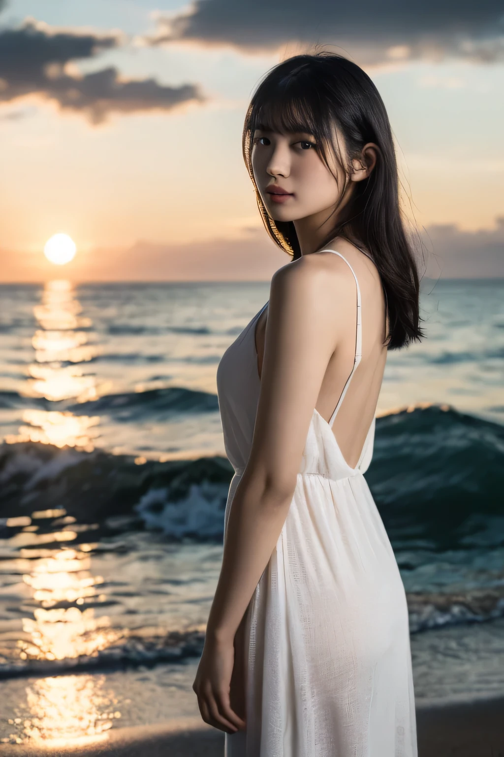 1 girl, (Wear a clean white summer dress:1.2), Very beautiful Japanese idol portraits, (Silhouette of the whole body),
(RAW Photos, highest quality), (Realistic, Realistic:1.4), (masterpiece), 
Very delicate and beautiful, Very detailed, 2k wallpaper, wonderful, finely, Very detailed CG Unity 8K wallpaper, Very detailed, High resolution, Soft Light, 
Silhouette girl, Cinema Lighting, 
(Fashion magazine photography:1.3), (The sea at dusk), (The beach illuminated by the lingering light of the sun), (Wavering on the sea surface), (Dark crimson afterglow), (Dark screen),
(Semi-long hair), (女の子のSilhouette of the whole body:1.5),
Complete Anatomy, Slender body, Small breasts