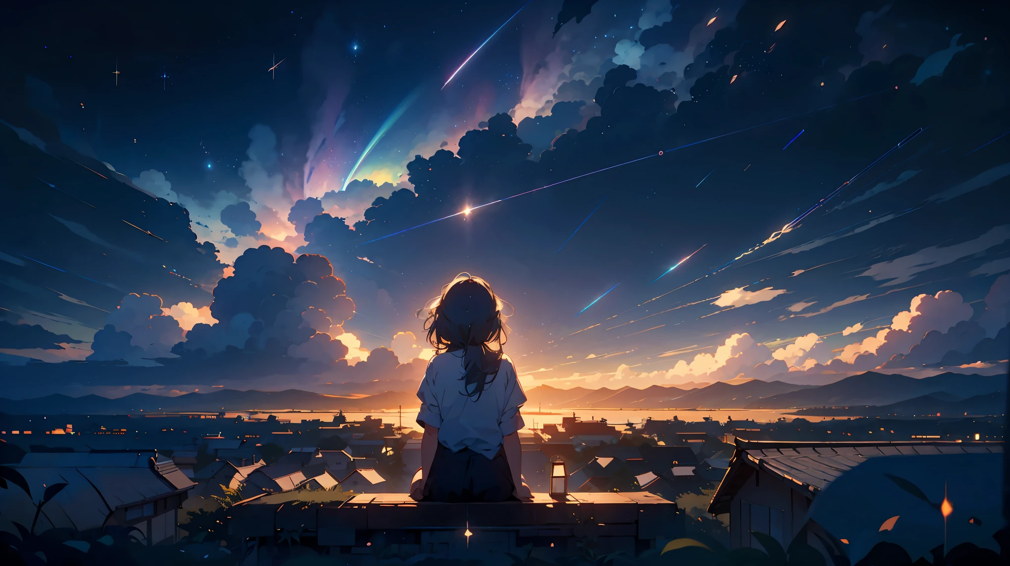 Starry Sky, A girl thinking about space, fluffy, Realistic, Airglow refraction, Nikon D850 film stock photos、Photo by Lee Jeffries ,Beautiful anime scenery