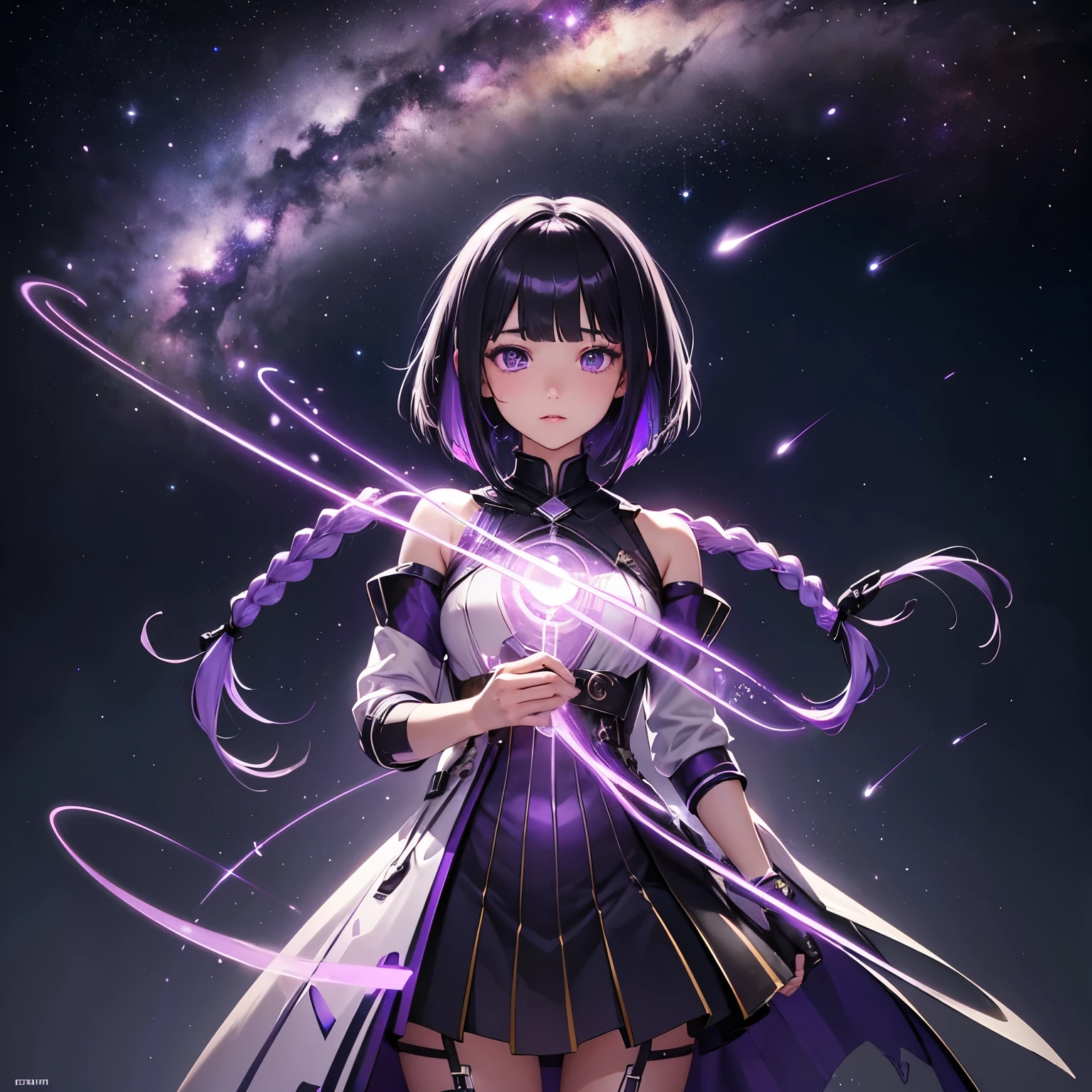 Draw two girls、(The heroine is a girl with purple-white gradient twin-braided long hair.:1.4)、(Her partner is a girl with a black bob cut:1.4)、(The heroine is in a transparent capsule、Natural standing posture)、(Numerous digital wires connect the capsule to the girl、Glowing Wiring、Wiring is as follows:々It emits a variety of colors.)、Cyber Space、meteor、milky way、nebula、chiffon、Backlight、amazing splash、 Sparkling、Dazzling Light、highest quality、8k、 High resolutionアート、High resolution、Very detailed、