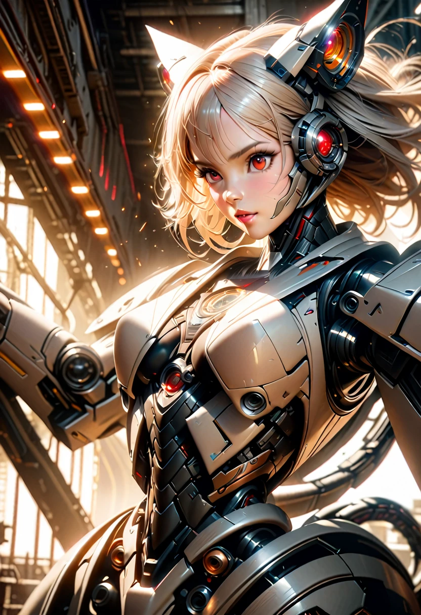 a girl with mechanical body, short white hair with furry ears, white robotic exterior with black mechanism inside, mechanical tail, all white with red eyes and lips, mechanism visible, factory line with sparks, cinematic lighting, photorealistic, 8k, highly detailed, masterpiece, intricate details, science fiction, elegant, dramatic, futuristic