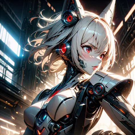 a girl with mechanical body, short white hair with furry ears, white robotic exterior with black mechanism inside, mechanical ta...