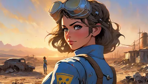 1girl, expressive eyes, tanned skin, wink, in fallout jumpsuit, wasteland in sunset in background, detail richness, masterpiece,...