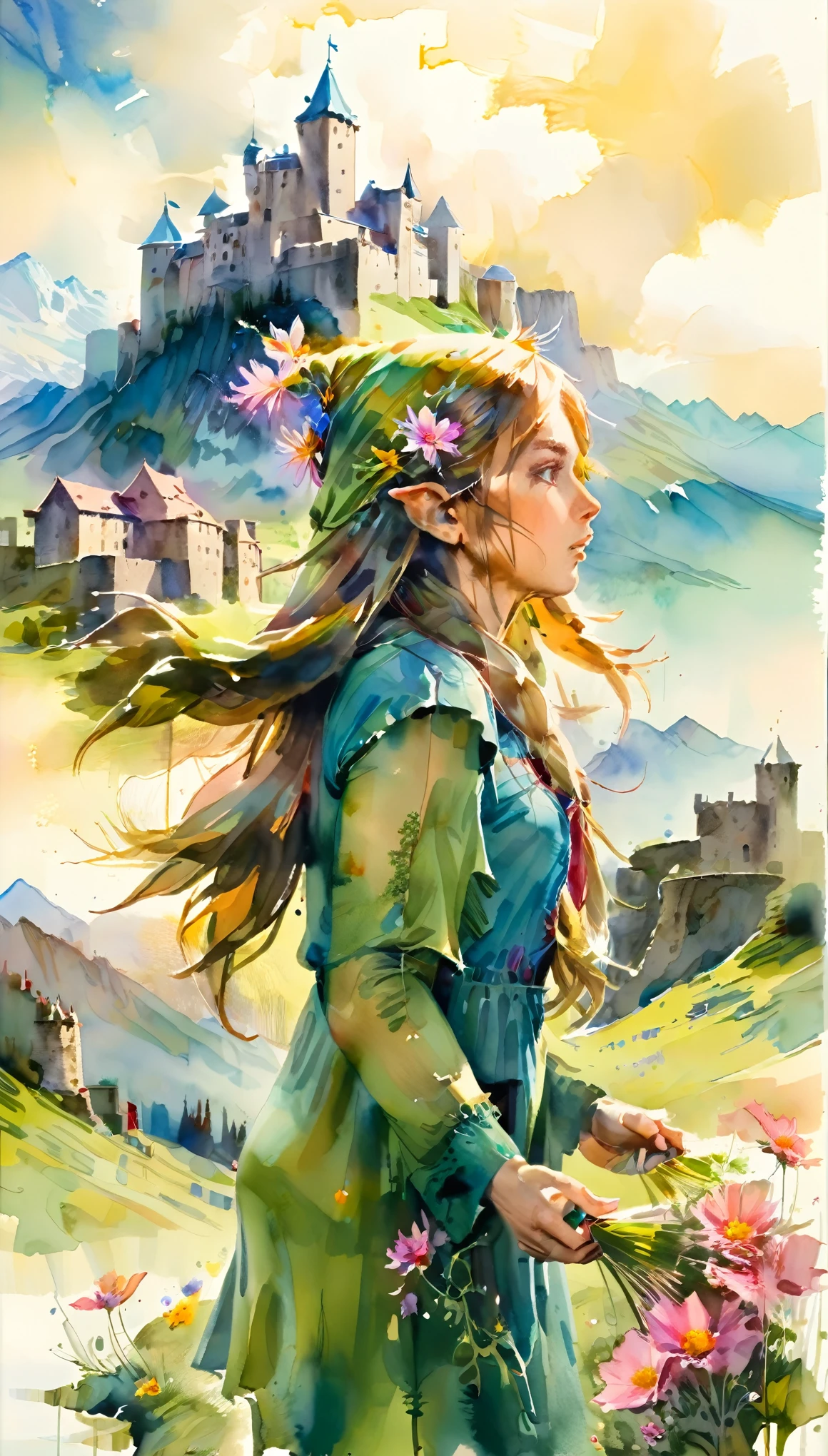 beautiful elf girl,solo, blown long hair, wind effect, watercolor painting, art by Carne Griffiths, medieval castle background, clouds, mountains, sunlight penetrating through clouds,Cosmos flowers in the foreground, kawaiiBREAK, watercolor washes, translucent layers, delicate blending, fluid textures, subtle hues, organic forms, poetic atmosphere, absurdres, highres, ultra detailed, (perfect anatomy:1.1), ethereal,