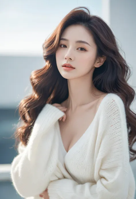 Beautiful woman facial features three-dimensional face if peach blossom gentle moving big chest long curly hair white sweater sp...