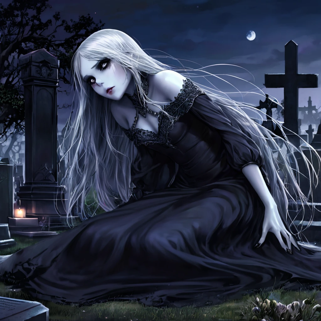 a death elf, female, wispy long hair, pitch black eyes, porcelain white skin, lots of dark veins, sheer dark dress billowing in an evil wind, her feet hover over the ground, undead slowly emerge from the ground to serve her, moonlit night in a cemetery, fantasy, dark fantasy, gothic, dramatic lighting, moody, cinematic, highly detailed, intricate, photorealistic, 8k, masterpiece, (best quality, 4k, 8k, highres, masterpiece:1.2), ultra-detailed, (realistic, photorealistic, photo-realistic:1.37), HDR, UHD, studio lighting, ultra-fine painting, sharp focus, physically-based rendering, extreme detail description, professional, vivid colors, bokeh
