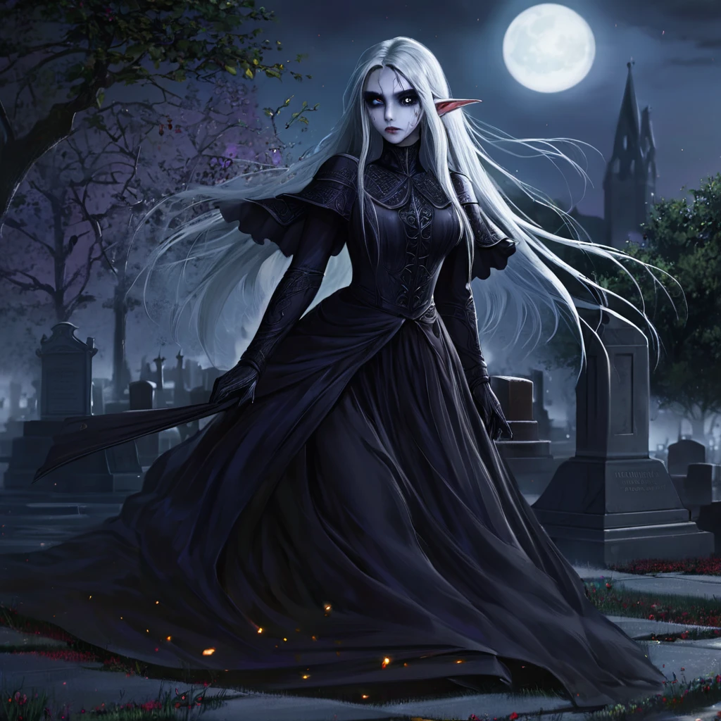 a death elf, female, wispy long hair, pitch black eyes, porcelain white skin, lots of dark veins, sheer dark dress billowing in an evil wind, her feet hover over the ground, undead slowly emerge from the ground to serve her, moonlit night in a cemetery, fantasy, dark fantasy, gothic, dramatic lighting, moody, cinematic, highly detailed, intricate, photorealistic, 8k, masterpiece, (best quality, 4k, 8k, highres, masterpiece:1.2), ultra-detailed, (realistic, photorealistic, photo-realistic:1.37), HDR, UHD, studio lighting, ultra-fine painting, sharp focus, physically-based rendering, extreme detail description, professional, vivid colors, bokeh
