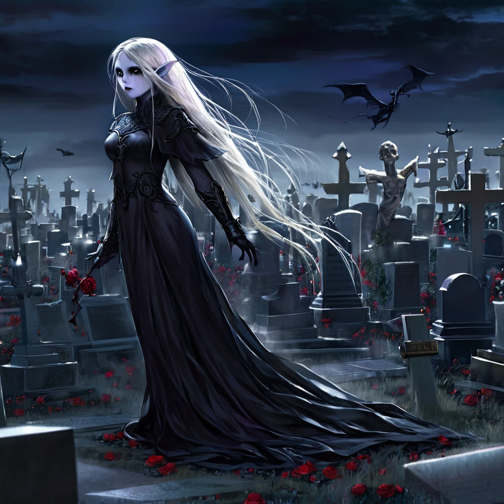 a death elf, female, wispy long hair, pitch black eyes, porcelain white skin, lots of dark veins, sheer dark dress billowing in an evil wind, her feet hover over the ground, undead slowly emerge from the ground to serve her, moonlit night in a cemetery, fantasy, dark fantasy, gothic, dramatic lighting, moody, cinematic, highly detailed, intricate, photorealistic, 8k, masterpiece, (best quality, 4k, 8k, highres, masterpiece:1.2), ultra-detailed, (realistic, photorealistic, photo-realistic:1.37), HDR, UHD, studio lighting, ultra-fine painting, sharp focus, physically-based rendering, extreme detail description, professional, vivid colors, bokeh
