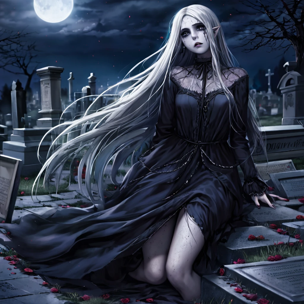 a death elf, female, wispy long hair, pitch black eyes, porcelain white skin, lots of dark veins, sheer dark dress billowing in an evil wind, her feet hover over the ground, undead slowly emerge from the ground to serve her, moonlit night in a cemetery, fantasy, dark fantasy, gothic, dramatic lighting, moody, cinematic, highly detailed, intricate, photorealistic, 8k, masterpiece, (best quality, 4k, 8k, highres, masterpiece:1.2), ultra-detailed, (realistic, photorealistic, photo-realistic:1.37), HDR, UHD, studio lighting, ultra-fine painting, sharp focus, physically-based rendering, extreme detail description, professional, vivid colors, bokeh
