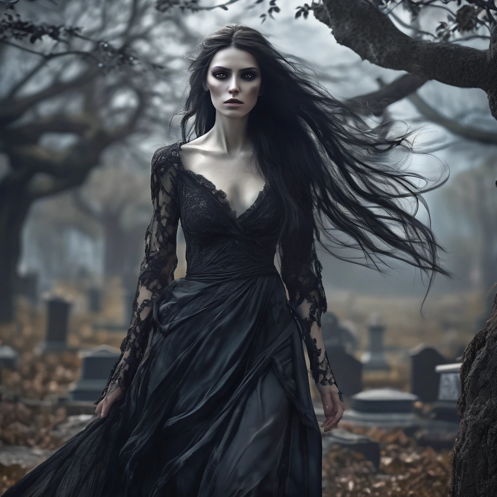 a death elf, female, wispy long hair, pitch black eyes, porcelain white skin, lots of dark veins, sheer dark dress billowing in an evil wind, her feet hover over the ground, undead slowly emerge from the ground to serve her, moonlit night in a cemetery, fantasy, dark fantasy, gothic, dramatic lighting, moody, cinematic, highly detailed, intricate, photorealistic, 8k, masterpiece, (best quality, 4k, 8k, highres, masterpiece:1.2), ultra-detailed, (realistic, photorealistic, photo-realistic:1.37), HDR, UHD, studio lighting, ultra-fine painting, sharp focus, physically-based rendering, extreme detail description, professional, vivid colors, bokeh
