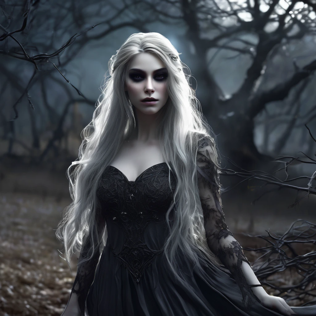 a death elf, female, wispy long hair, pitch black eyes, porcelain white skin, lots of dark veins, sheer dark dress billowing in an evil wind, her feet hover over the ground, undead slowly emerge from the ground to serve her, moonlit night in a cemetery, fantasy, dark fantasy, gothic, dramatic lighting, moody, cinematic, highly detailed, intricate, photorealistic, 8k, masterpiece, (best quality, 4k, 8k, highres, masterpiece:1.2), ultra-detailed, (realistic, photorealistic, photo-realistic:1.37), HDR, UHD, studio lighting, ultra-fine painting, sharp focus, physically-based rendering, extreme detail description, professional, vivid colors, bokeh
