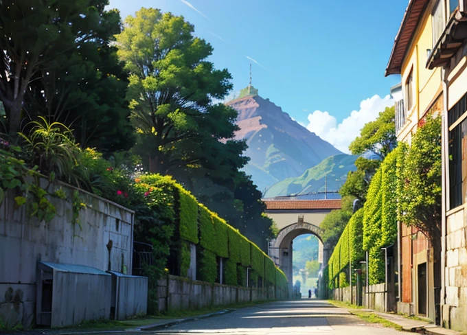 Parc extérieur avec passants ((un banc en bois détaillé avec du fer)). ciel magnifique. Des plantes de style jungle urbaine décorent l'espace