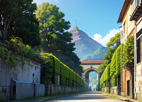 Parque ao ar livre com pessoas caminhando ((um banco de madeira detalhado com ferro)). stunning sky. Plantas Estilo urban jungle...