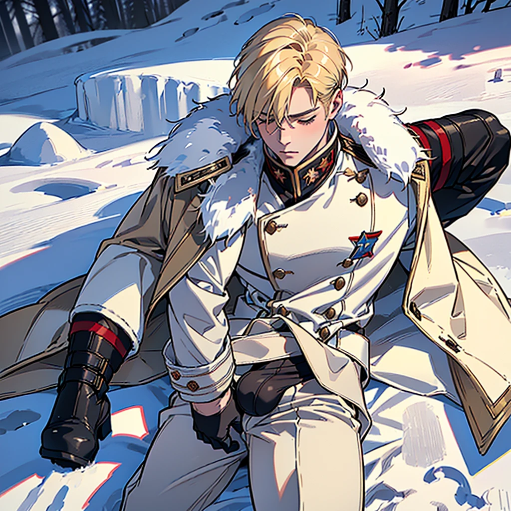 ((一名年輕的金髮俄羅斯男兵躺在雪地裡，穿著俄羅斯冬季士兵外套制服，一邊透過褲子撫摸雞巴，一邊緩慢地呼吸)), NSFW, 勃起, ((男性自慰)), 感性的, ((在下雪的環境中)), 作為適當的