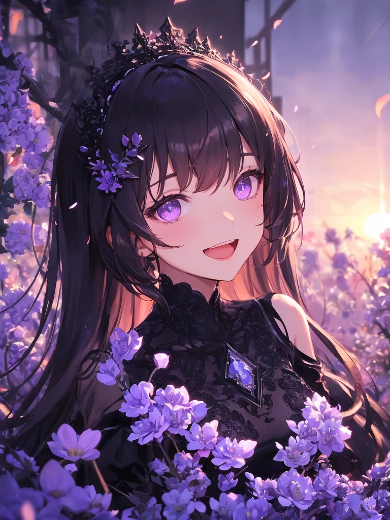 art by Cornflower,(masterpiece:1.2),(4k),high quality,(1 girl),black long hair,beautiful detailed purple eyes,smile,open mouth,In the fantastic beauty of the purple moon light, elegant gothic princess, black and purple clothing,fantasy costumes,cyberpunk,Bokeh, A gentle light spreads over the tranquil surroundings, Delicate petals blend into intricate patterns,The background is soft and blurry,Add a dramatic and symbolic element to your scene, The petals are soft, Magical colors and atmosphere,film lighting of purple