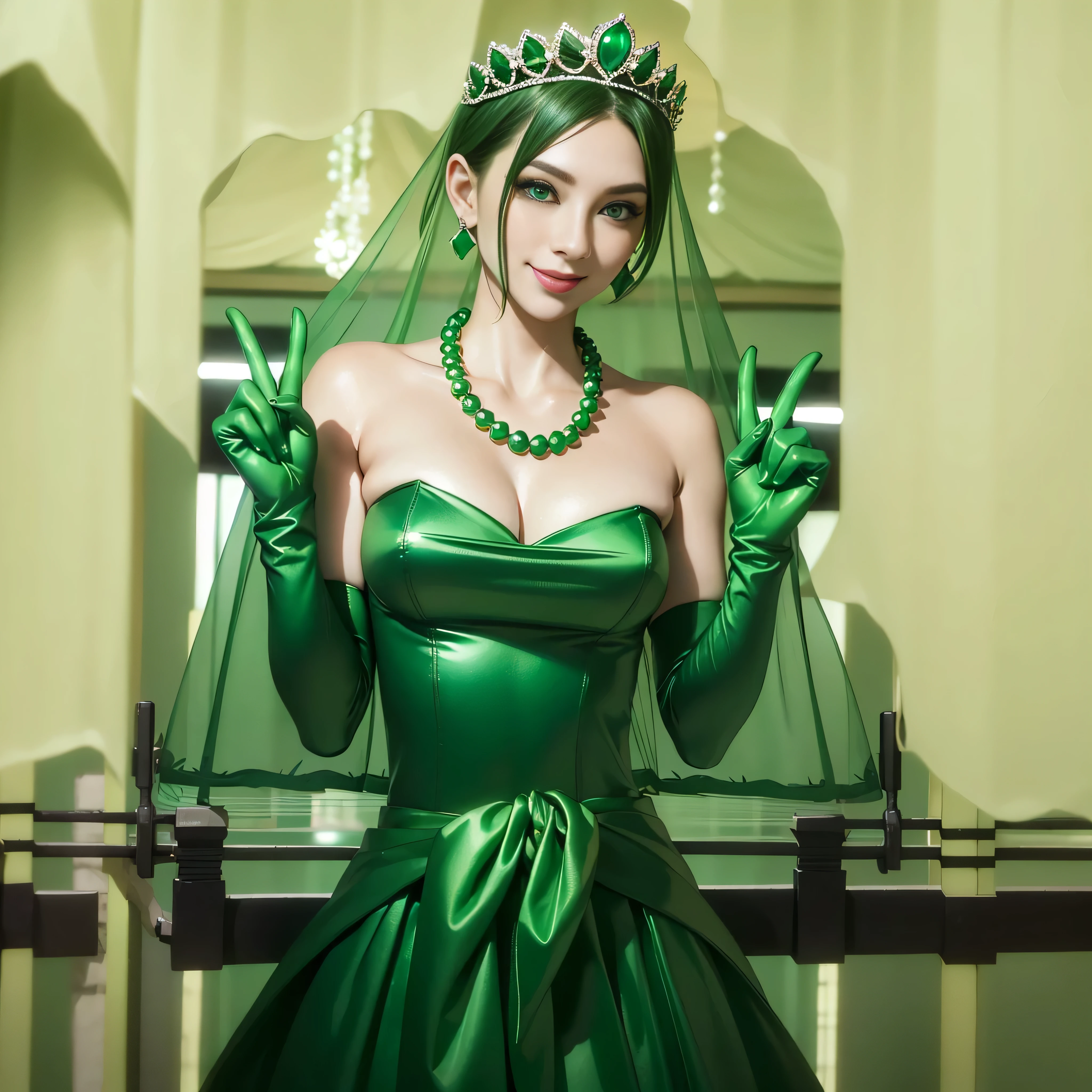 Emerald tiara, colar de pérolas verdes, Cabelo verde muito curto de menino, batom, mulher japonesa sorridente, cabelo muito curto, Grande e lindo, olhos verdes, Luvas compridas de cetim verde, olhos verdes, Sinal V, Brincos Esmeralda, Véu verde, sinal de paz, Mulher de 30 anos, Noiva na casa dos 30 anos
