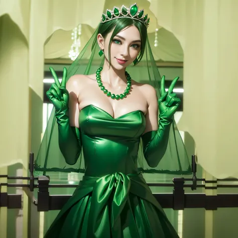 Emerald tiara, Green Pearl Necklace, Boyish very short green hair, lipstick, Smiling Japanese woman, Very short hair, Big and be...