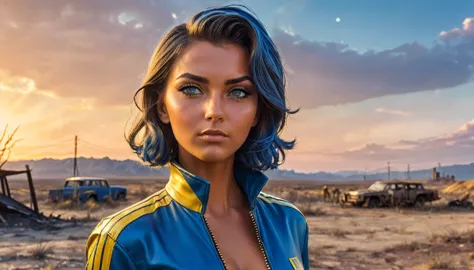 1girl, expressive eyes, wink, tanned skin, in fallout blue with yellow stripe jumpsuit, vaul-boy pose, wasteland in sunset in ba...