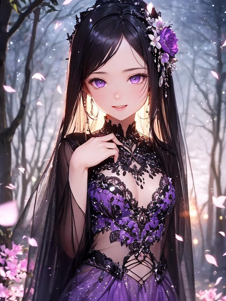 (Meisterwerk:1.2),(4k),gute Qualität,(1 Mädchen),flache Brust,schwarze lange Haare,wunderschöne, detaillierte lila Augen,lächeln,offener Mund,In der fantastischen Schönheit des violetten Mondlichts, elegante gotische Prinzessin, Schwarze und lila Kleidung,Fantasiekostüme,Bokeh, Ein sanftes Licht breitet sich über die ruhige Umgebung aus, Zarte Blütenblätter verschmelzen zu komplizierten Mustern,Der Hintergrund ist weich und verschwommen,Fügen Sie Ihrer Szene ein dramatisches und symbolisches Element hinzu, Die Blütenblätter sind weich, magische Farben und Atmosphäre,Filmbeleuchtung von Lila