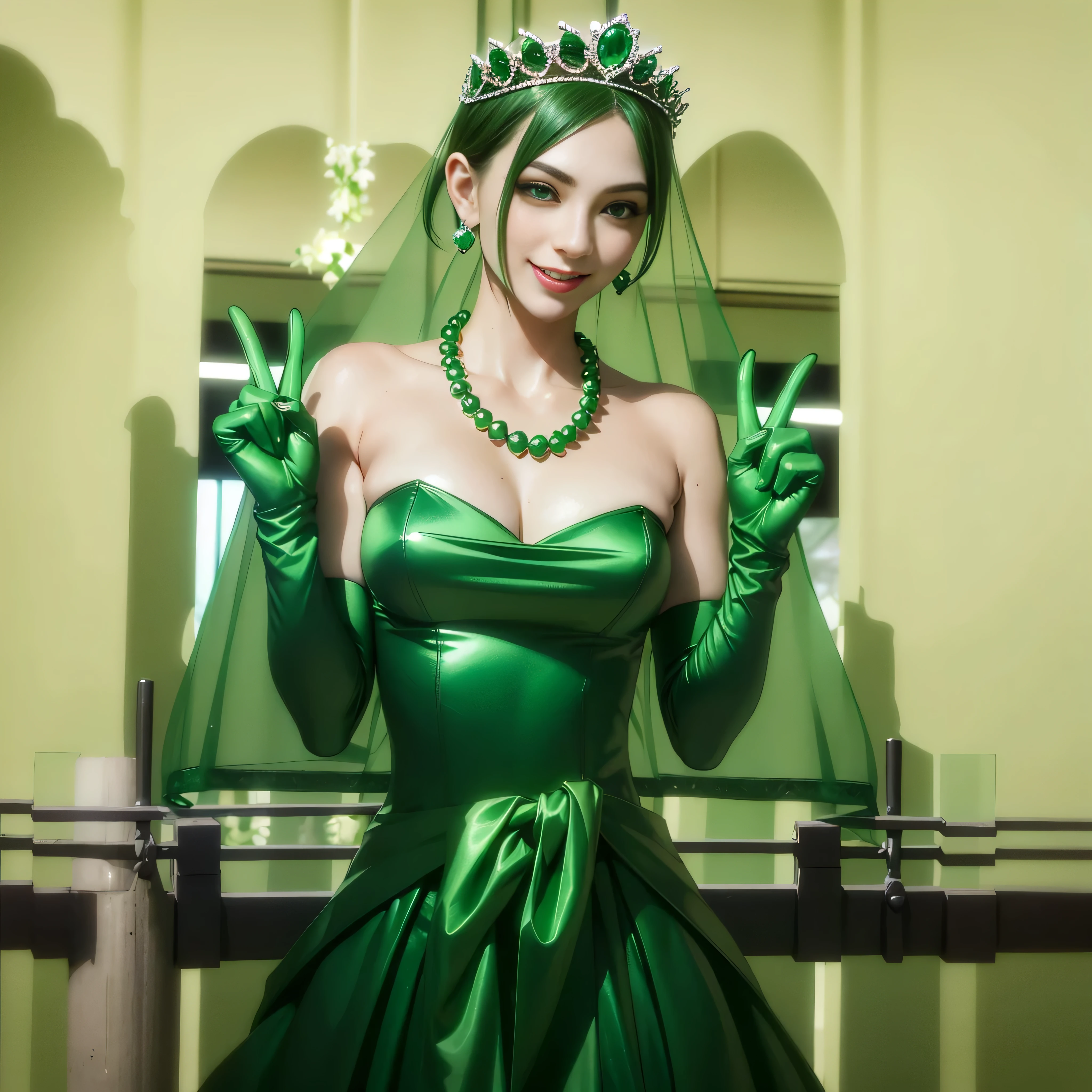 Emerald tiara, colar de pérolas verdes, Cabelo verde muito curto de menino, batom, mulher japonesa sorridente, cabelo muito curto, Grande e lindo, olhos verdes, Luvas compridas de cetim verde, olhos verdes, Sinal V, Brincos Esmeralda, Véu verde, sinal de paz, Mulher de 30 anos, Noiva na casa dos 30 anos
