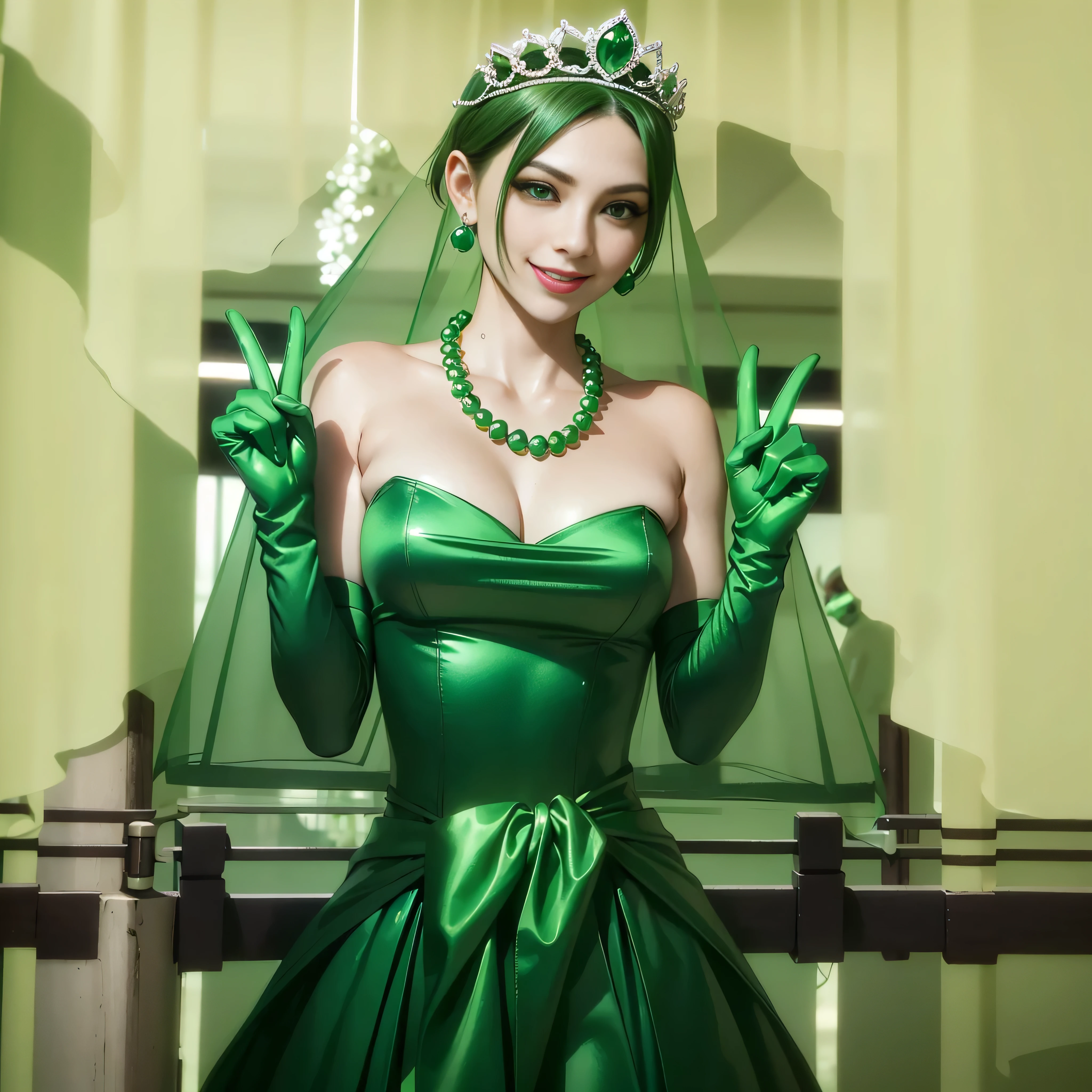 Emerald tiara, colar de pérolas verdes, Cabelo verde muito curto de menino, batom, mulher japonesa sorridente, cabelo muito curto, Grande e lindo, olhos verdes, Luvas compridas de cetim verde, olhos verdes, Sinal V, Brincos Esmeralda, Véu verde, sinal de paz, Mulher de 30 anos, Noiva na casa dos 30 anos
