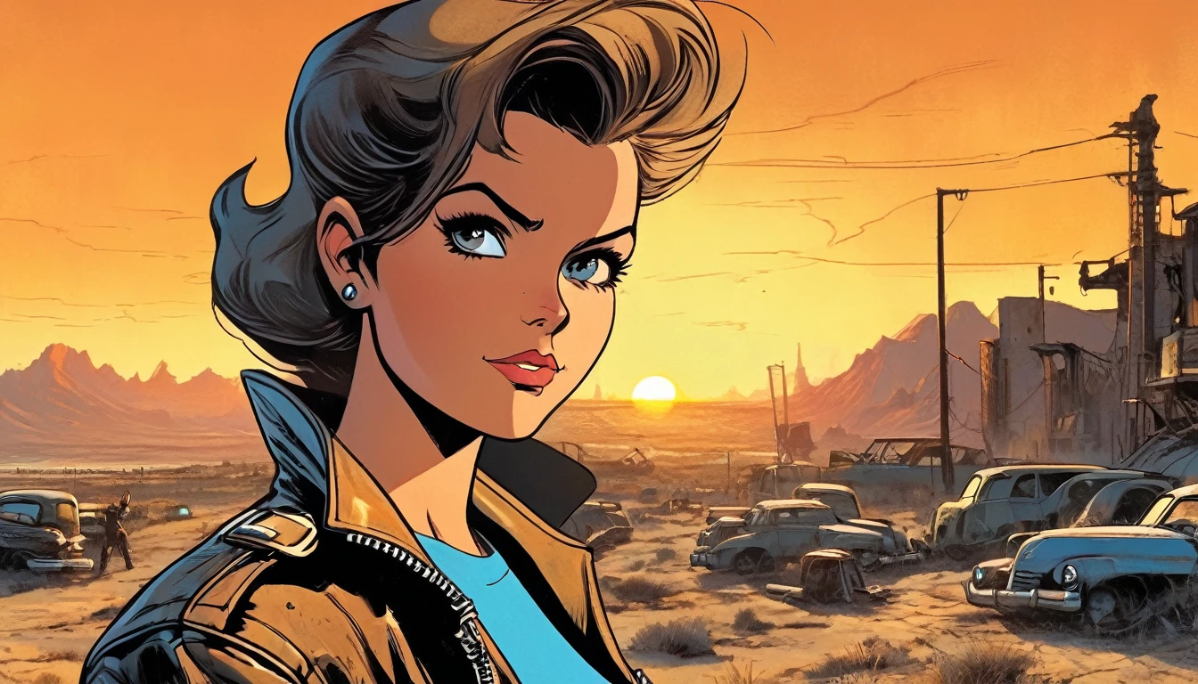 1girl, expressive eyes, wink, tanned skin, in fallout leather jacket, vaul-boy pose, wasteland in sunset in background, detail richness, masterpiece, best quality, fallout style, pulp's comics style