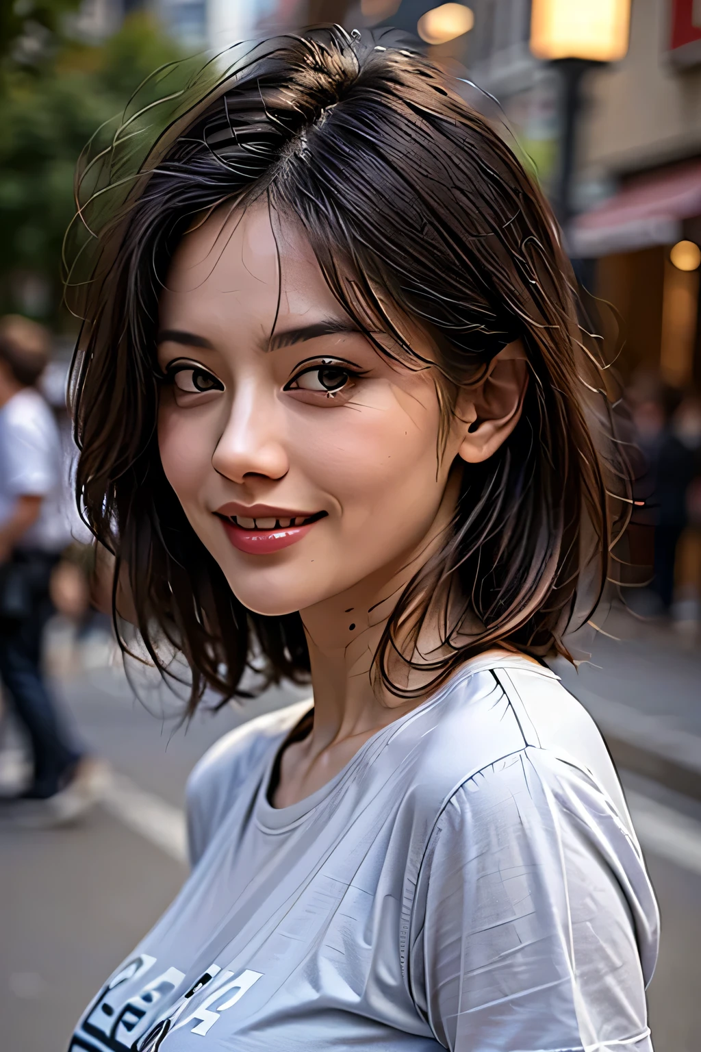 (8k, RAW Photos, highest quality, masterpiece, Realistic, Realistic), (1 female), (The ultimate beautiful Japanese MILF), Highly detailed face, (Perfect Teeth), Beautiful Eyes, double eyelid, eyelash, ((smile)), Lip details, (Neat brunette bob), The light shines on your face, (Big Breasts), ((Blue T-shirt)), (Upper Body), ((background: none))