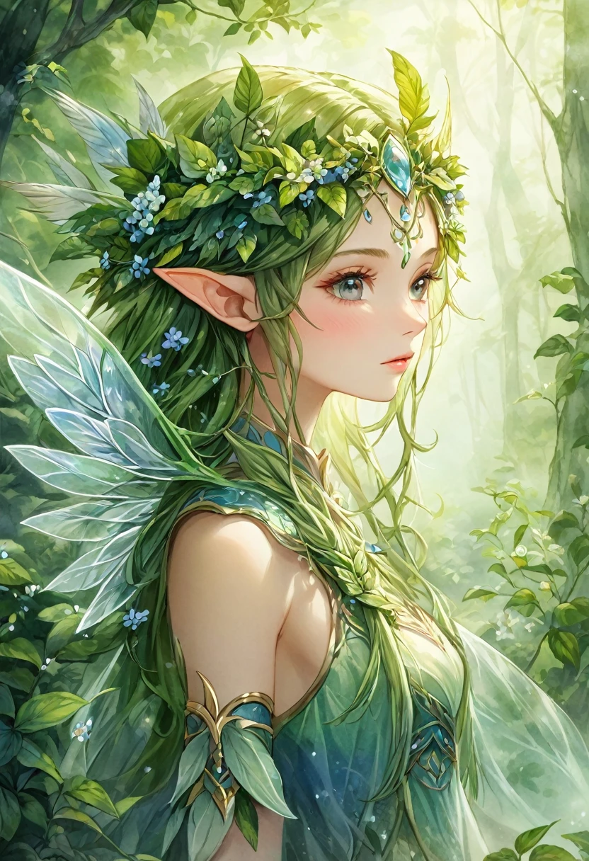 Character Close-up( Perfect anatomical structure ) Beautiful and extremely fine texture，Cute girl forest elf with vine flowers on her head(elf ears),

                                 She has transparent feather wings, fairy wings, in the misty woods(thick fog),

                 charming luster, Highly detailed art romantic, outstanding, Like a dream, Fantasy elves,Fine brushwork watercolor texture, complex, clear and high-quality masterpiece，Extremely complex and exquisitely detailed, ultra-detailed fantasy characters, Ultra-detailed digital art, concept art