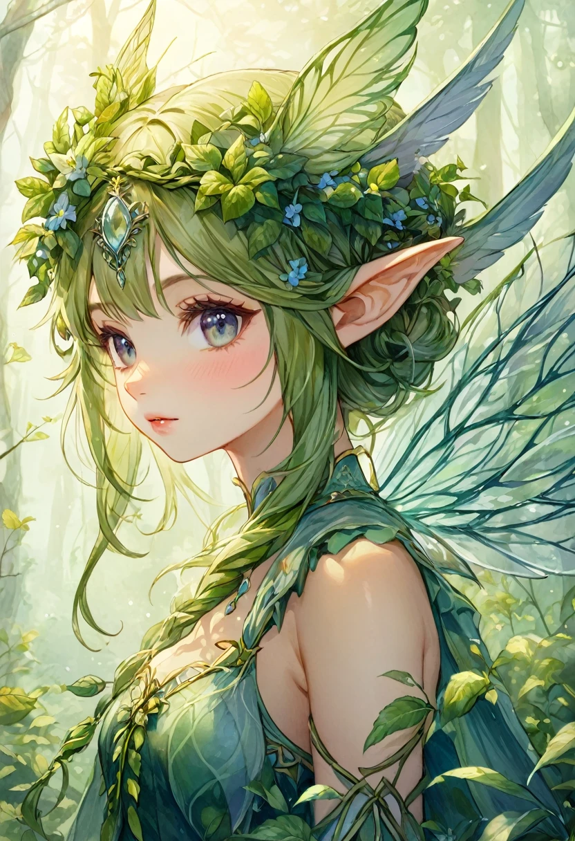 Character Close-up( Perfect anatomical structure ) Beautiful and extremely fine texture，Cute girl forest elf with vine flowers on her head(elf ears),

                                 She has transparent feather wings, fairy wings, in the misty woods(thick fog),

                 charming luster, Highly detailed art romantic, outstanding, Like a dream, Fantasy elves,Fine brushwork watercolor texture, complex, clear and high-quality masterpiece，Extremely complex and exquisitely detailed, ultra-detailed fantasy characters, Ultra-detailed digital art, concept art