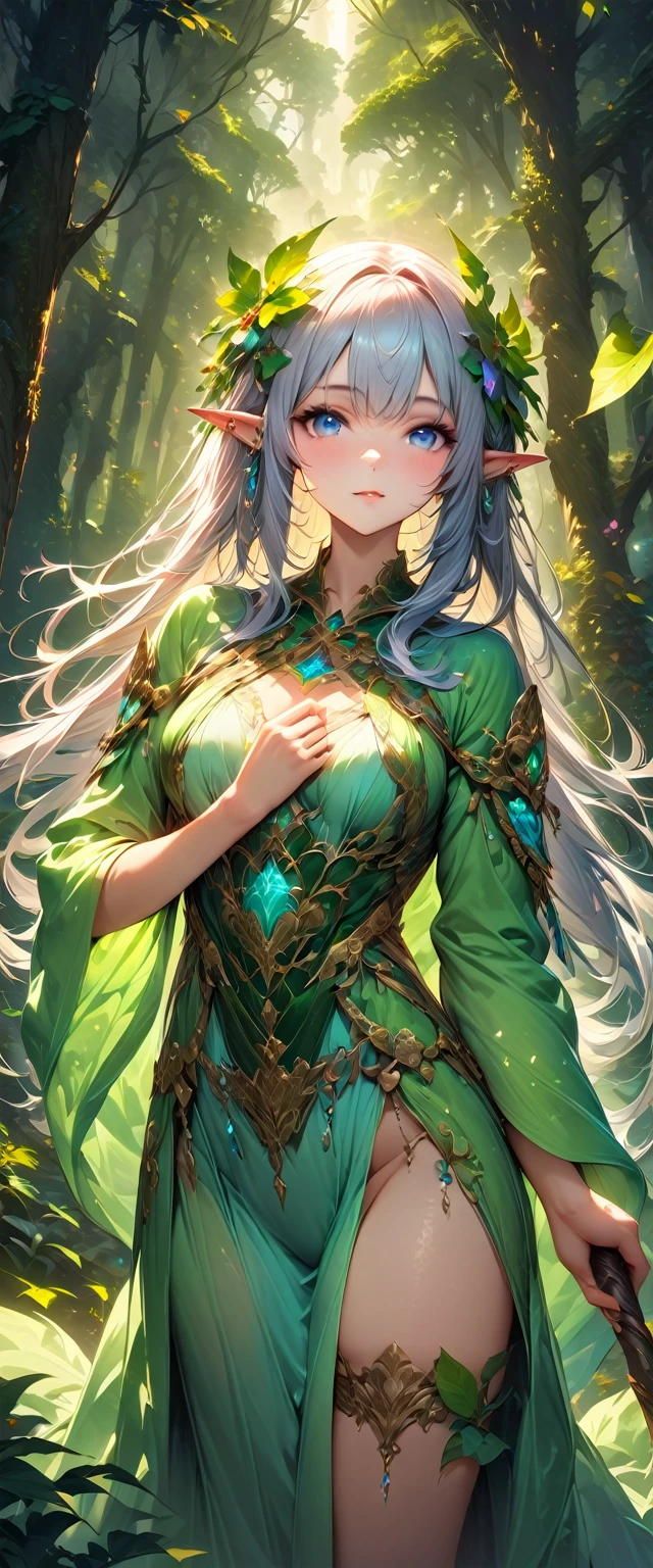 (masterpiece:1.3),(highest quality:1.4),(ultra detailed:1.5),High resolution,extremely detailed,unity 8k wallpaper,A graceful Nordic elf with long, silvery hair and piercing blue eyes, wearing a flowing robe made of fine furs and adorned with intricate silver embroidery. She stands in a snow-covered forest, the northern lights casting a mystical glow around her. She holds a staff carved with ancient runes, exuding a sense of timeless wisdom and power.