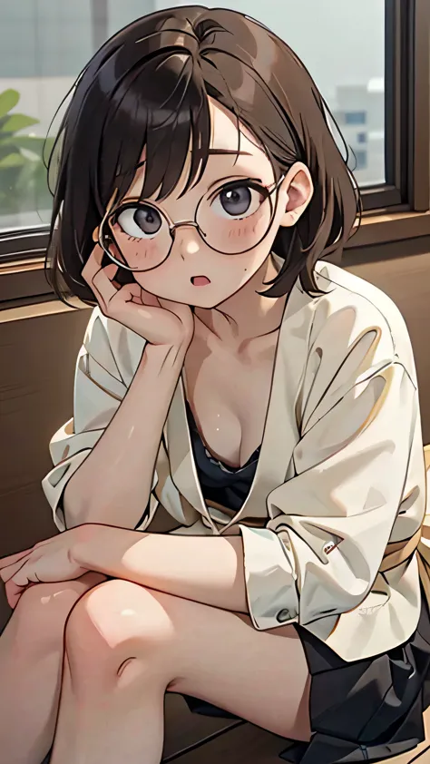 There is a woman sitting on the floor with her legs crossed...., Wear glasses, Japanese Model, Wear glasses on, Square Wear glas...