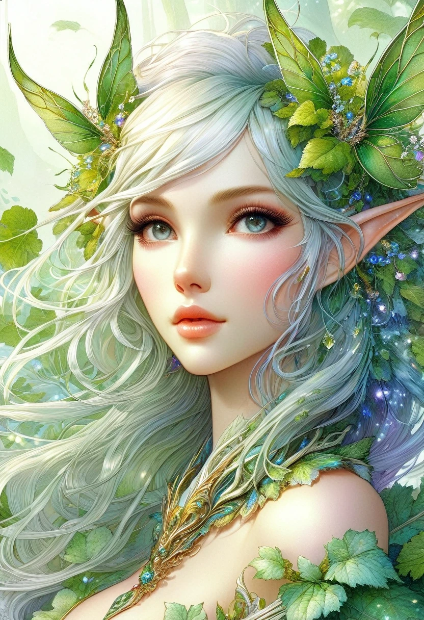 gros plan du personnage( Structure anatomique parfaite ) Texture belle et extrêmement fine，Jolie fille elfe des forêts avec des fleurs de vigne sur la tête(oreilles d&#39;elfe),

                                 Elle a des ailes en plumes transparentes, Les ailes de fée, dans les bois brumeux(brouillard épais),

                 lustre charmant, Art romantique très détaillé, remarquable, Comme un rêve, Elfes fantastiques,Texture aquarelle au pinceau fin, Complexe, chef-d&#39;œuvre clair et de haute qualité，Extremely Complexe and exquisitely detailed, personnages fantastiques ultra détaillés, art numérique ultra détaillé, art conceptuel