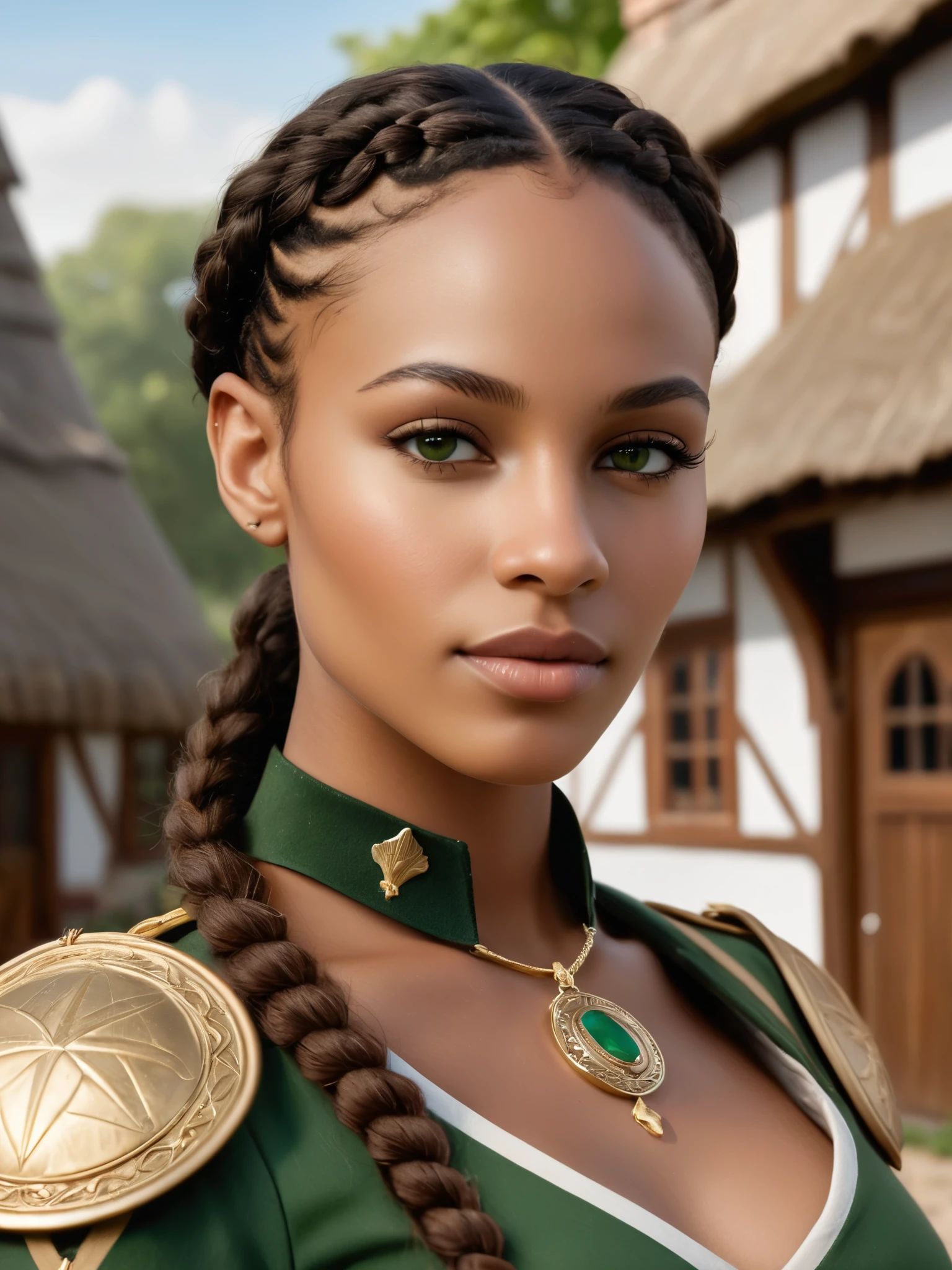 An ultra-realistic, award winning photograph of a very light-skinned thin subservient young creole woman with green eyes, the perfect and slightly wide nubian bulbous tipped nose, a 30DD covered bust, a beautiful oval face, elvish-like beauty, short curly brunette hair with some braids, wearing a full gold police uniform, showing no skin, and standing confidently on a cobblestone street in front of a highly detailed two-story thatched country cottage backdrop. The dynamic lighting casts sharp focus on her every feature, making her smooth, light-brown skin radiate. The image exudes a sense of power, allure and charm, captured in a moment of unyielding determination. Taken with expert precision, this smooth and intricately detailed photograph promises to leave an indelible impression.