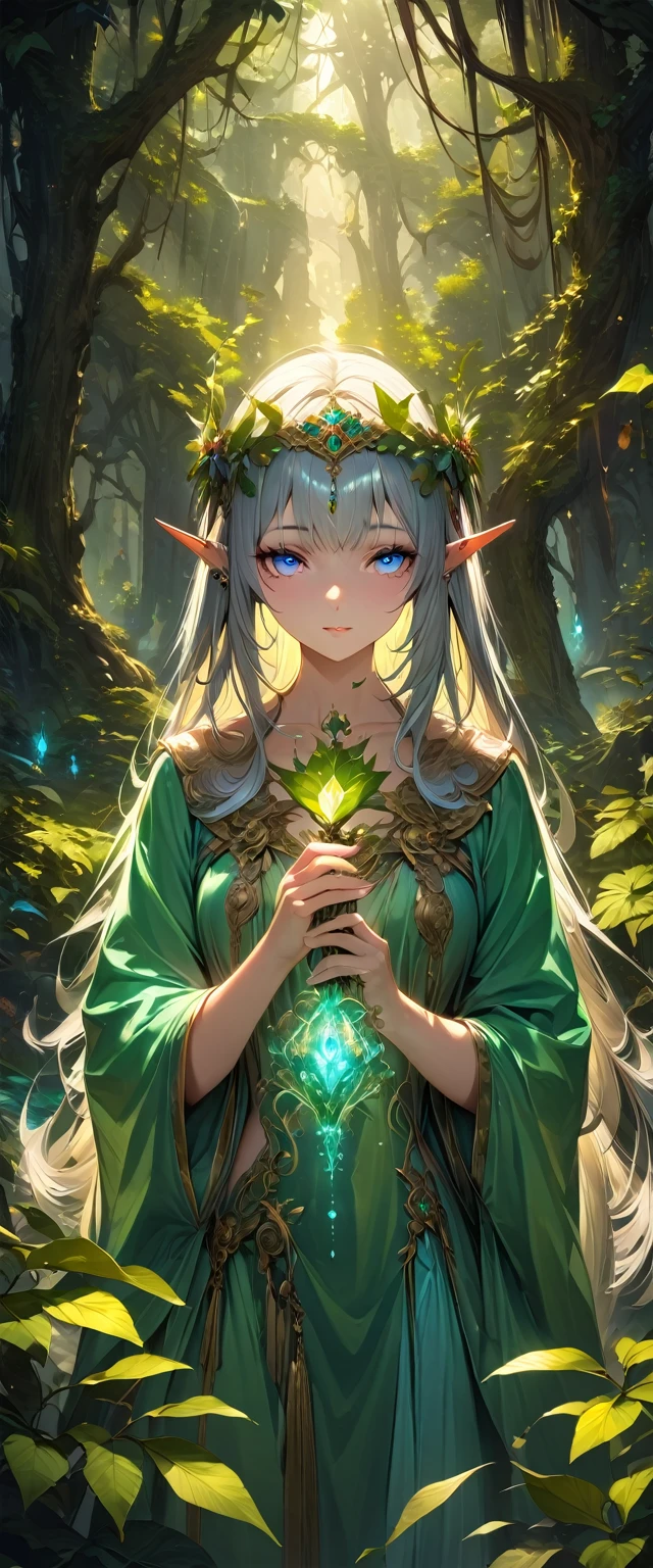 有著銀色長髮和銳利的藍色眼睛的優雅精靈, 穿著飄逸的綠色長袍，飾有葉子和花朵. 她手裡拿著一根散發著柔和光芒的魔法杖, 矗立在一片古老的森林中，周圍環繞著參天大樹和神奇生物. 場景沐浴在空靈的光芒中, 营造出一种宁静而神秘的氛围.,(傑作:1.3),(最好的品質:1.4),(超詳細:1.5),高解析度,非常詳細,統一8k壁紙,