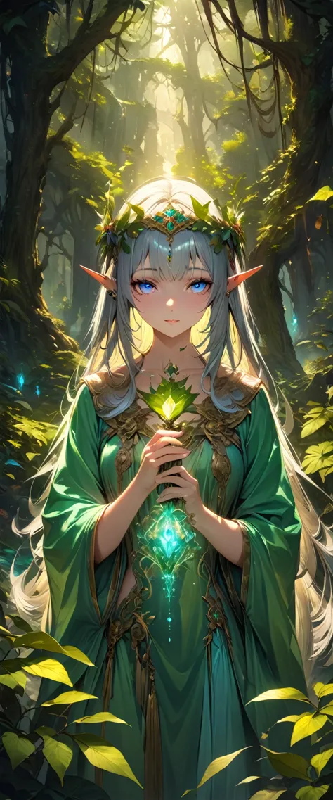 a graceful elf with long silver hair and piercing blue eyes, wearing a flowing green robe adorned with leaves and flowers. she h...