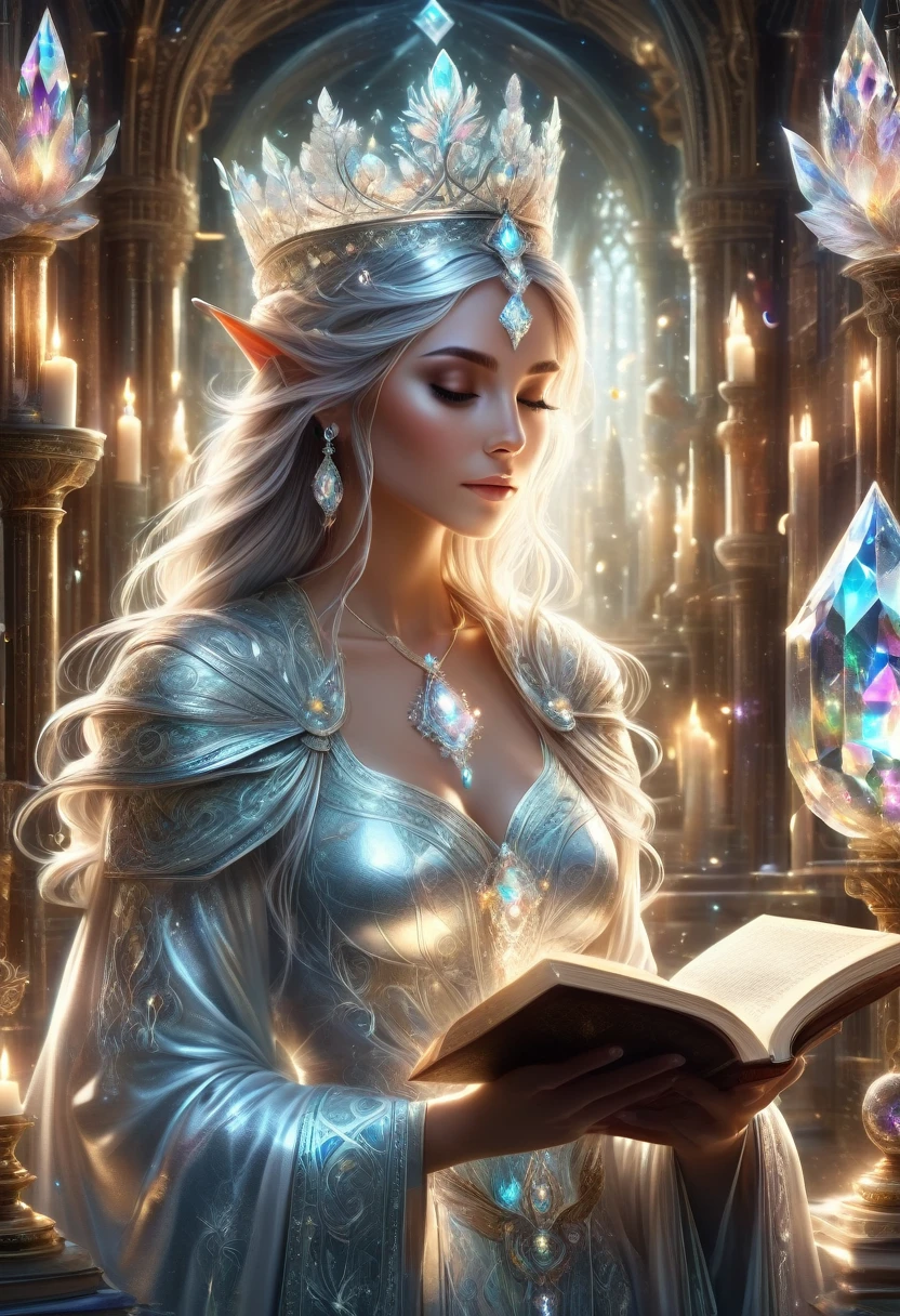 A wise elf reading an ancient book of spells in a grand library filled with glowing crystals and ancient artifacts. She wears a silver tiara and a robe that shimmers with every movement, her eyes focused intently on the magical symbols on the pages.,(masterpiece:1.3),(highest quality:1.4),(ultra detailed:1.5),High resolution,extremely detailed,unity 8k wallpaper,